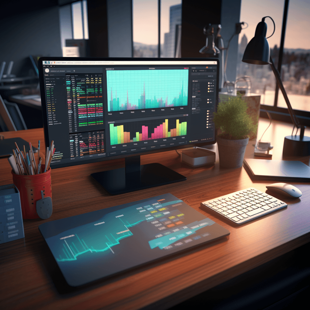 Advanced business and financial analytics tools on a futuristic computer